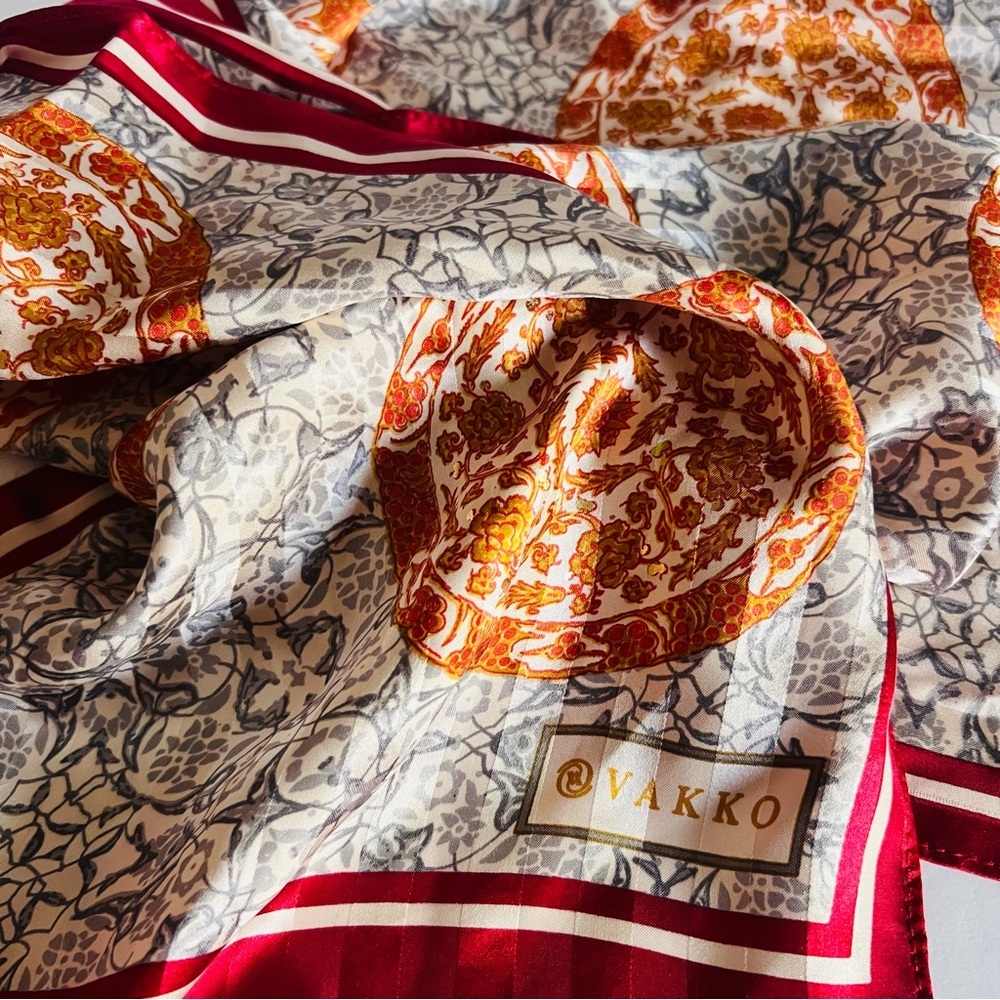 Vakko Silk Scarf in Red, Orange, Cream, Gray